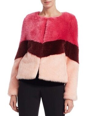 Scripted Faux Fur Colorblock Jacket in Dusty Pink